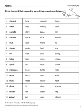 Synonyms In A Word List Printable Skills Sheets