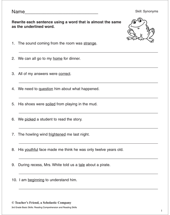 Synonyms in a Sentence Printable Skills Sheets