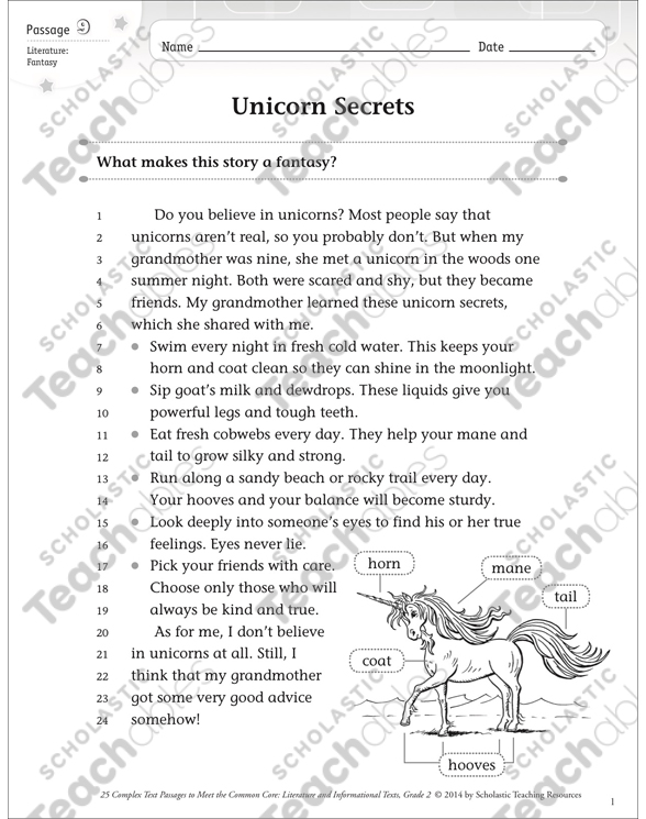unicorn secrets text questions printable texts skills sheets