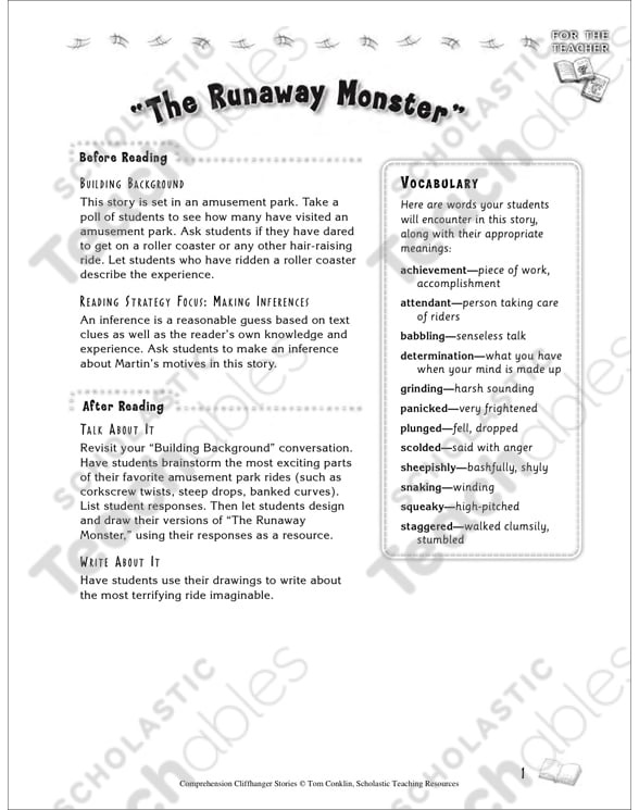 Runaway Monster: Comprehension Cliffhanger Story | Printable ...