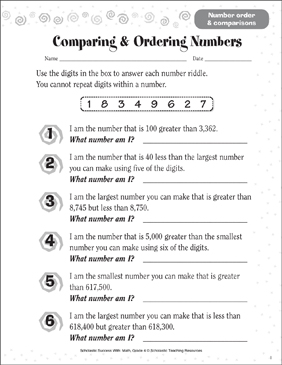 comparing ordering numbers printable skills sheets
