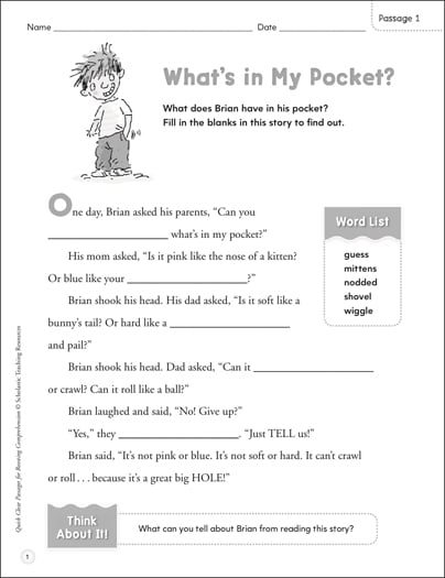 What S In My Pocket Quick Cloze Passage Printable Skills Sheets Lesson Plans And Ideas