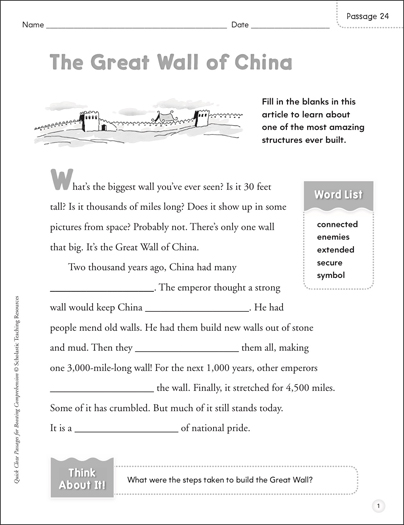 The Great Wall of China: Quick Cloze Passage | Printable Skills Sheets,  Lesson Plans and Ideas