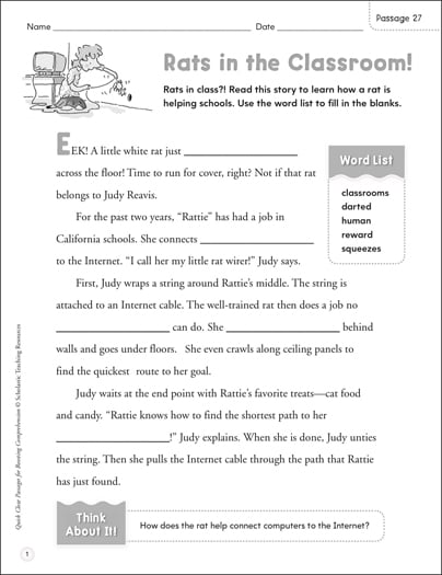 Rats in the Classroom: Quick Cloze Passage | Printable Skills