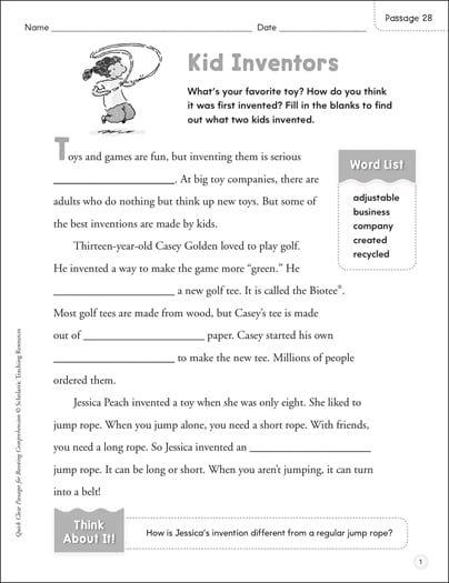 Kid Inventors Quick Cloze Passage Printable Skills