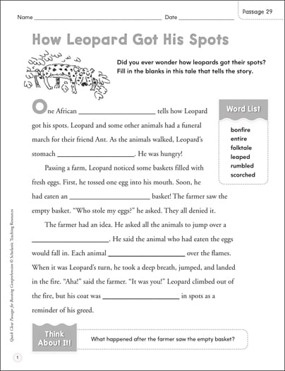 How Leopard Got His Spots: Quick Cloze Passage | Printable ...
