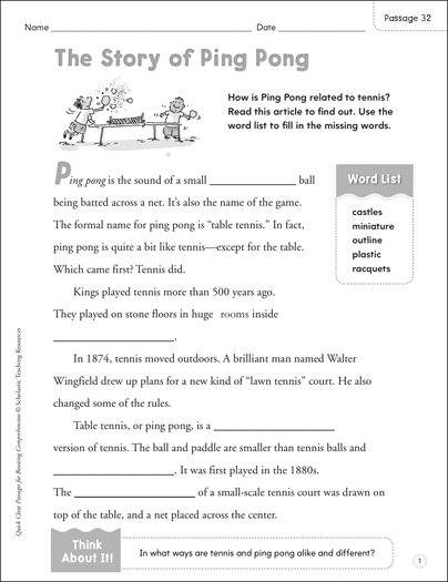 The Story of Ping Pong: Quick Cloze Passage | Printable Skills Sheets ...