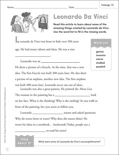 Leonardo da Vinci: Quick Cloze Passage | Printable Skills ...