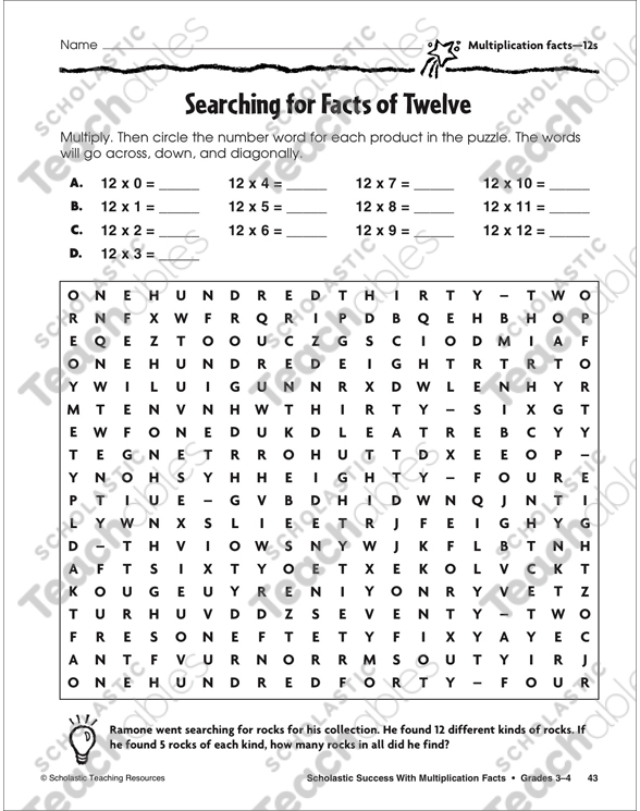 Searching For Facts Of Twelve Multiplication Facts 12s Printable Skills Sheets Word Searches