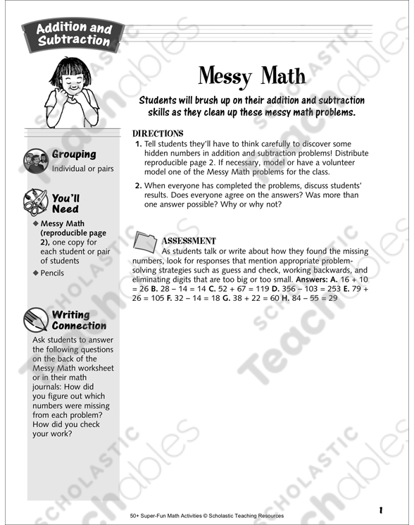 Messy Math: Addition and Subtraction Activity | Printable ...