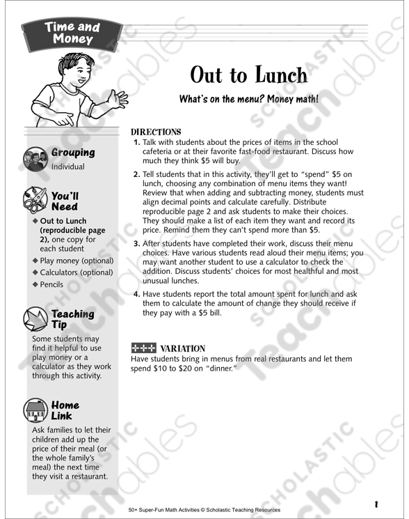 Lunch money math worksheets