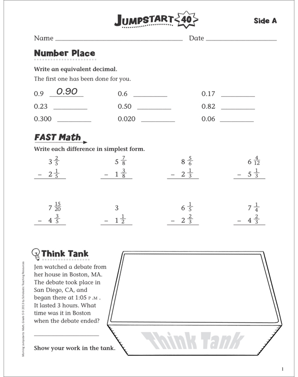 Independent Practice: Grade 5 Math Jumpstart 40 | Printable Skills Sheets