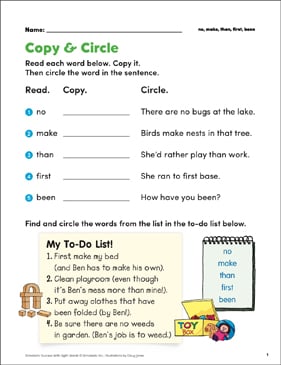 Copy & Circle (no, make, than, first, been) | Printable Skills Sheets