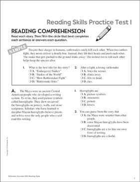 Reading Skills Practice Test 1 Grades 5 6 Printable Test Prep And Tests Skills Sheets