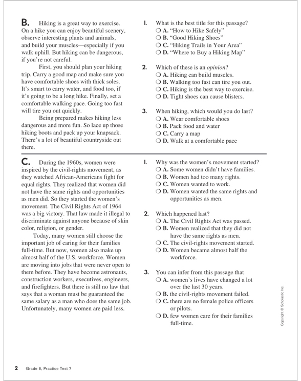 Reading Skills Practice Test 7 (Grades 5-6) | Printable Test Prep ...