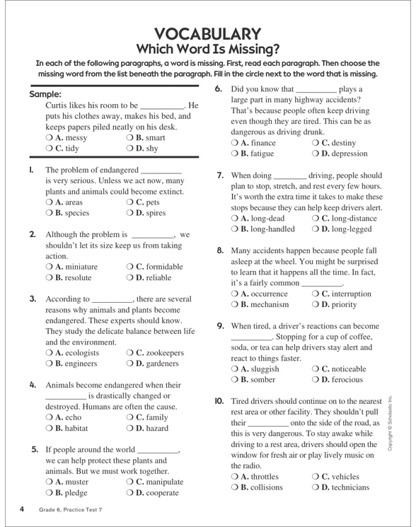Reading Skills Practice Test 7 (Grades 5-6) | Printable Test Prep ...