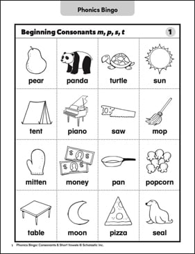 Beginning Consonants m, p, s, t: Phonics Bingo