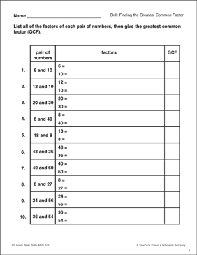 Finding the Greatest Common Factor | Printable Skills Sheets