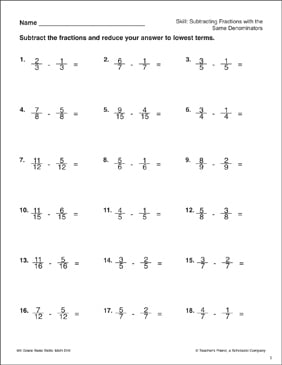 subtracting fractions with different denominators gr 5 6 printable skills sheets