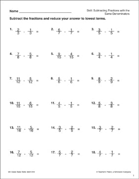 Subtracting Fractions with the Same Denominators (Gr 4–6 