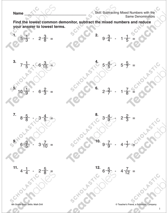 Subtracting Mixed Numbers with the Same Denominators Printable Skills