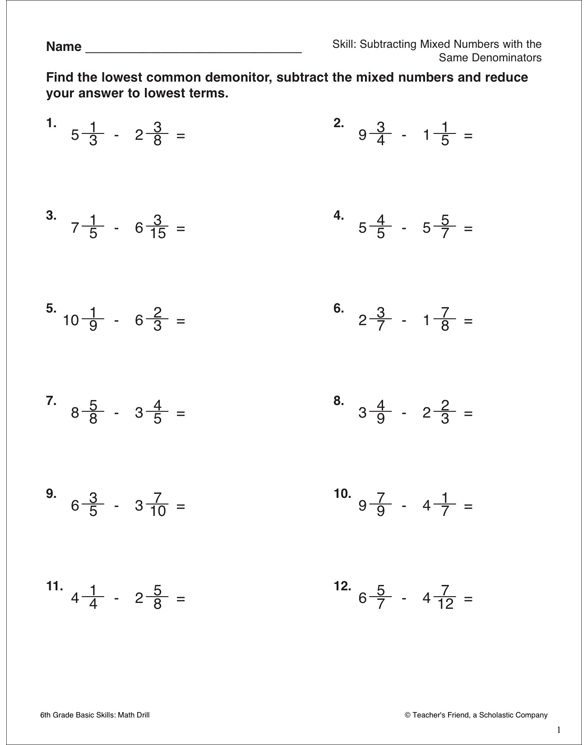 Subtracting Mixed Numbers With Same Denominator Worksheet