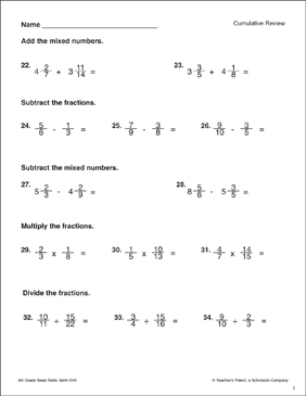 Addition, Subtraction, Multiplication, and Division of Fractions |  Printable Skills Sheets
