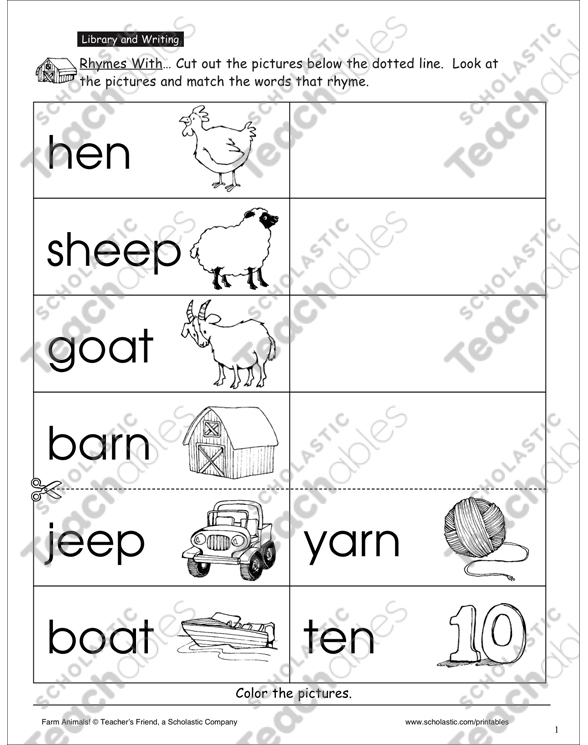 Farm Animal Words: Rhyming Activity | Printable Skills Sheets