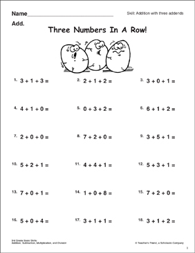 Three Numbers in a Row (Addition with Three Addends) | Printable Skills