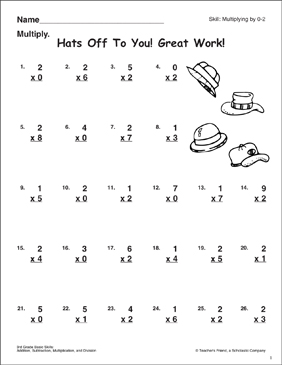 Hats Off to You! (Multiplying By 0-2) | Printable Skills Sheets