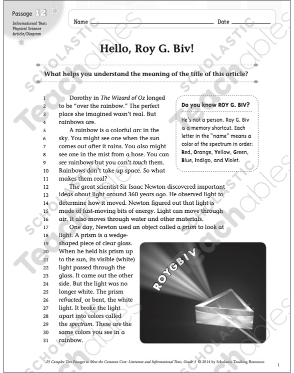 Hello, Roy G. Biv!: Text &amp; Questions | Printable Texts and Skills Sheets