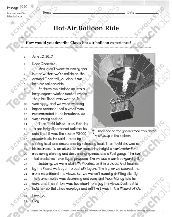 Hot Air Balloon Ride Text Questions Printable Texts And Skills