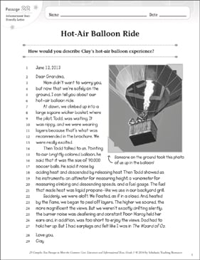 Hot-Air Balloon Ride Text Questions Printable Texts 