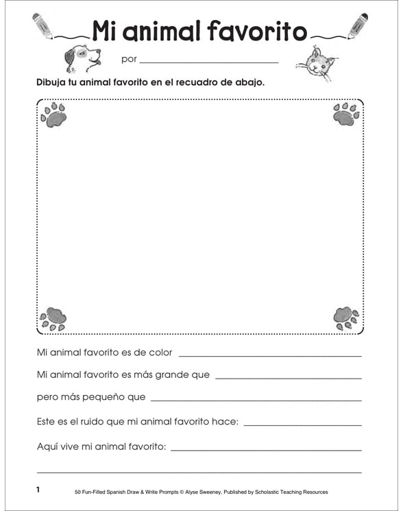 Mi animal favorito draw and write prompt printable skills sheets