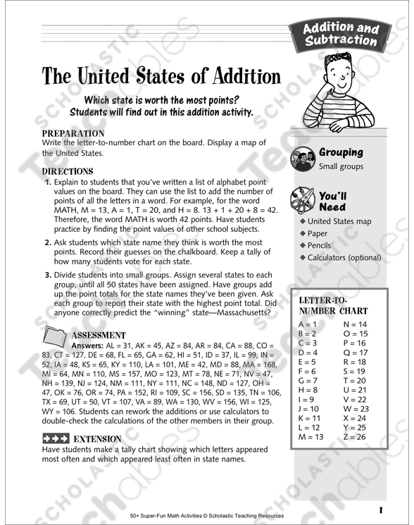 The United States Of Addition Addition Activity Printable Lesson Plans And Ideas Skills Sheets