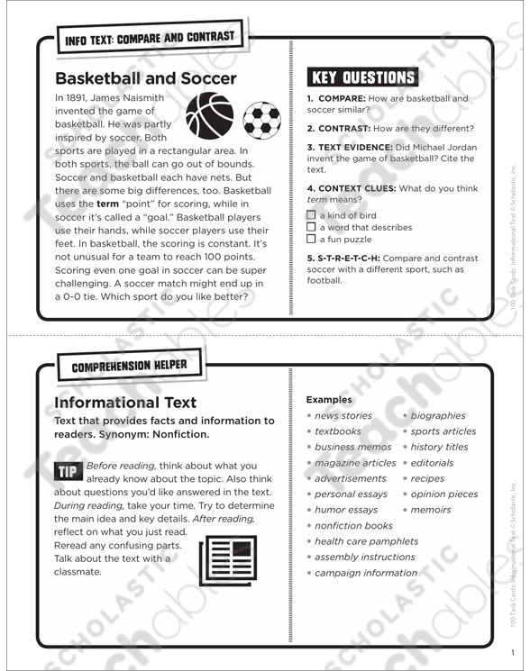 Basketball And Soccer Informational Text Task Card Printable
