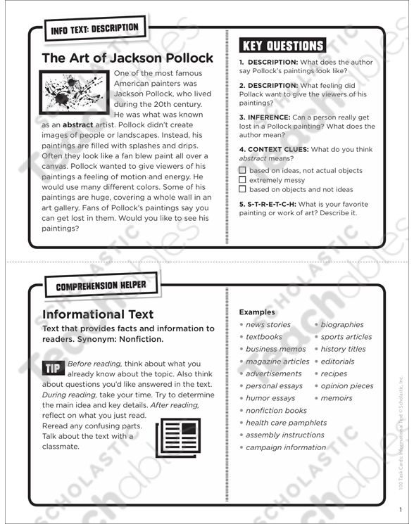 The Art Of Jackson Pollock Informational Task Card Printable Lesson Plans Ideas And Texts