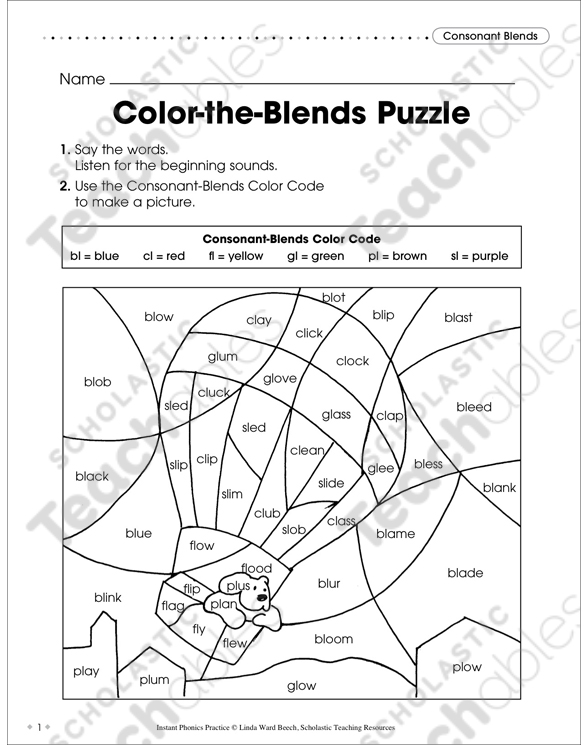 consonant blends color the blends puzzle printable skills sheets hidden pictures