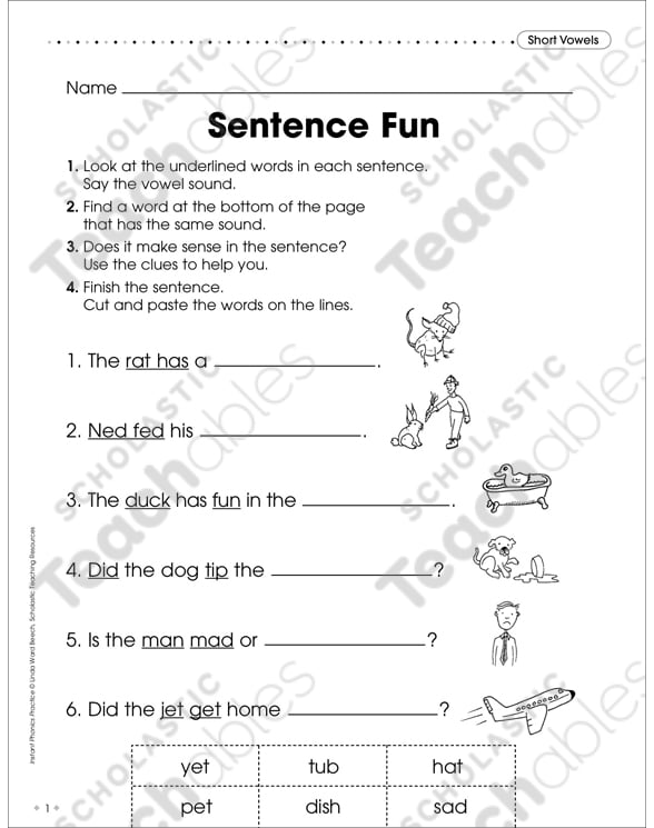 Short Vowels Sentence Fun Printable Skills Sheets, Cut and Pastes