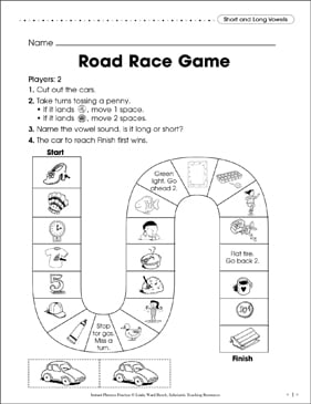 short and long vowels road race game printable skills sheets game boards