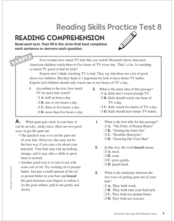 Reading Skills Practice Test 8 (Grades 45) Printable Test Prep