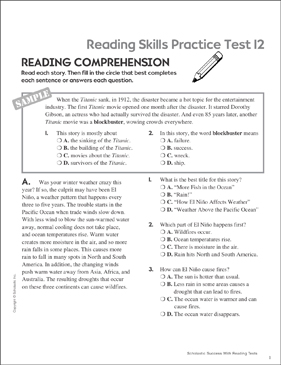 Reading Skills Practice Test 12 Grades 4 5 Printable Test Prep And Tests Skills Sheets