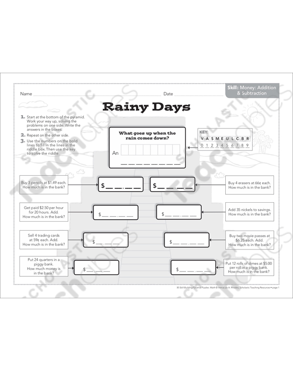 Rainy Days (Add & Subtract Money): Math Pyramid Puzzle ...