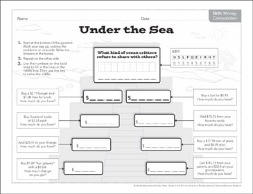 under the sea money computation math pyramid puzzle printable number puzzles lesson plans and ideas