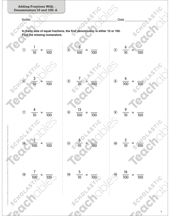 Adding Fractions With Denominators Of 10 And 100 Worksheets