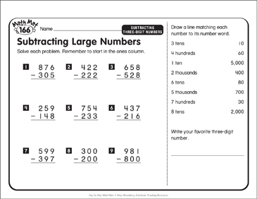 subtracting large numbers day by day math mat printable skills sheets