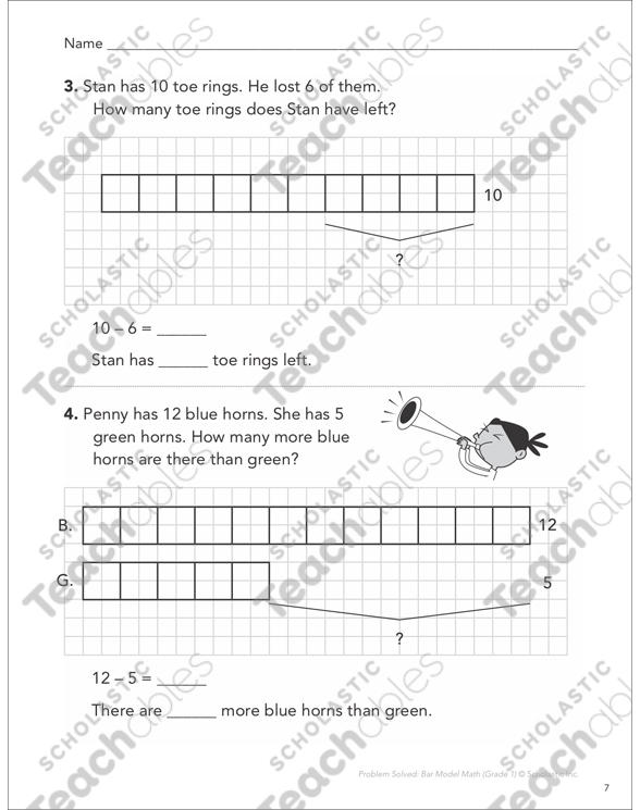 Subtraction Using Unit Squares Bar Model Math (Gr 1) Printable