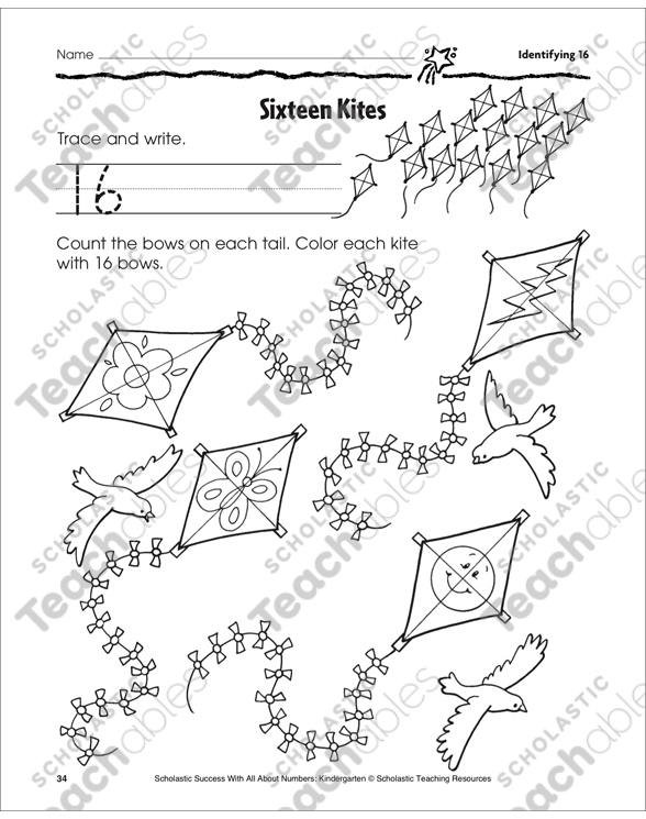 Sixteen Kites (Identifying 16): Number Practice Page | Printable