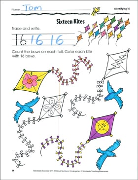 ちづページ Sixteen Kites (Identifying 16): Number Practice Page | Printable