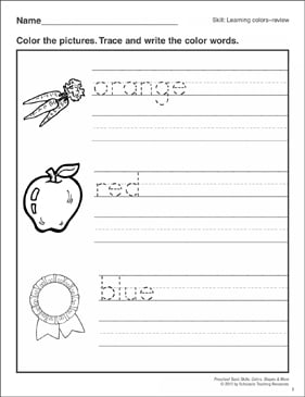 colors review red blue orange preschool basic skills colors printable skills sheets